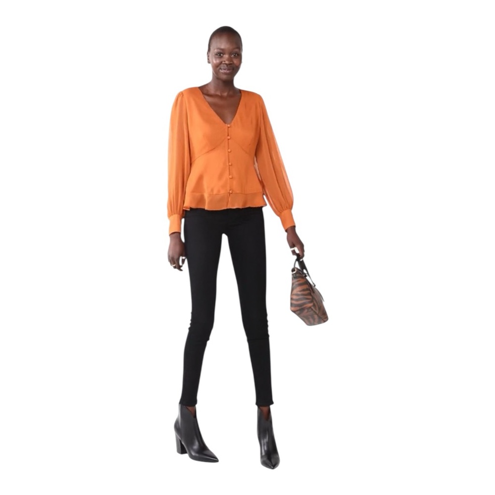 Nine West XL Rust Orange Peplum Blouse Sheer Sleeve V-Neck Button Front